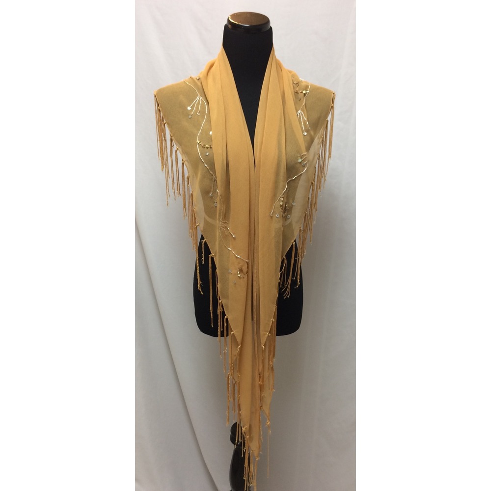 Mustard Yellow Embroidered Sequin Fringe Triangle Shawl Scarf Boho Wrap